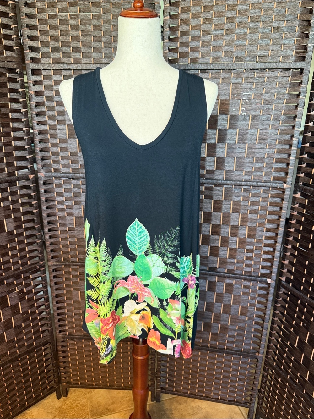 Desigual Black V-Neck Tunic with Tropical Leaf & Floral Hem